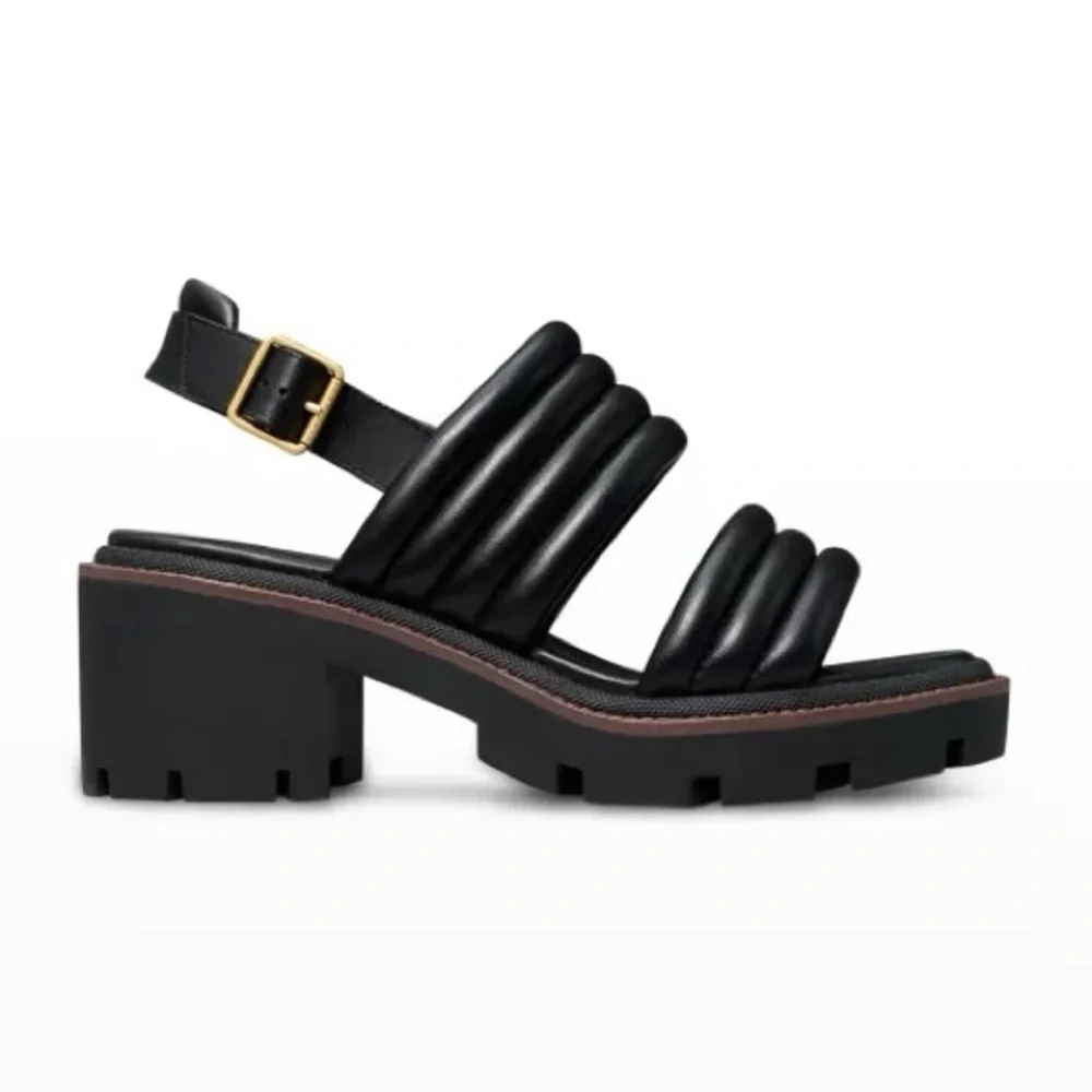 NEW Tory Burch Lug Sole Heeled Sandals (Sz 9) Quilted Leather Slingback Black - Picture 2 of 13